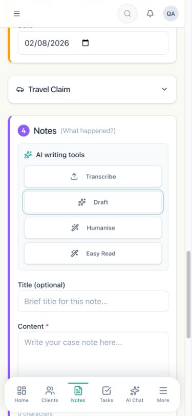 CordoCare mobile AI-assisted case note workspace