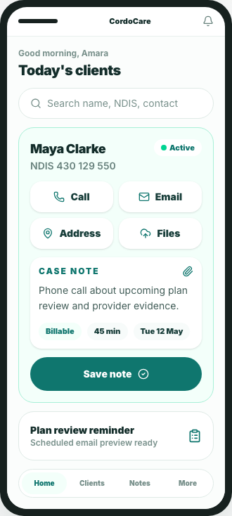 CordoCare mobile web app showing a client card and quick billable case note